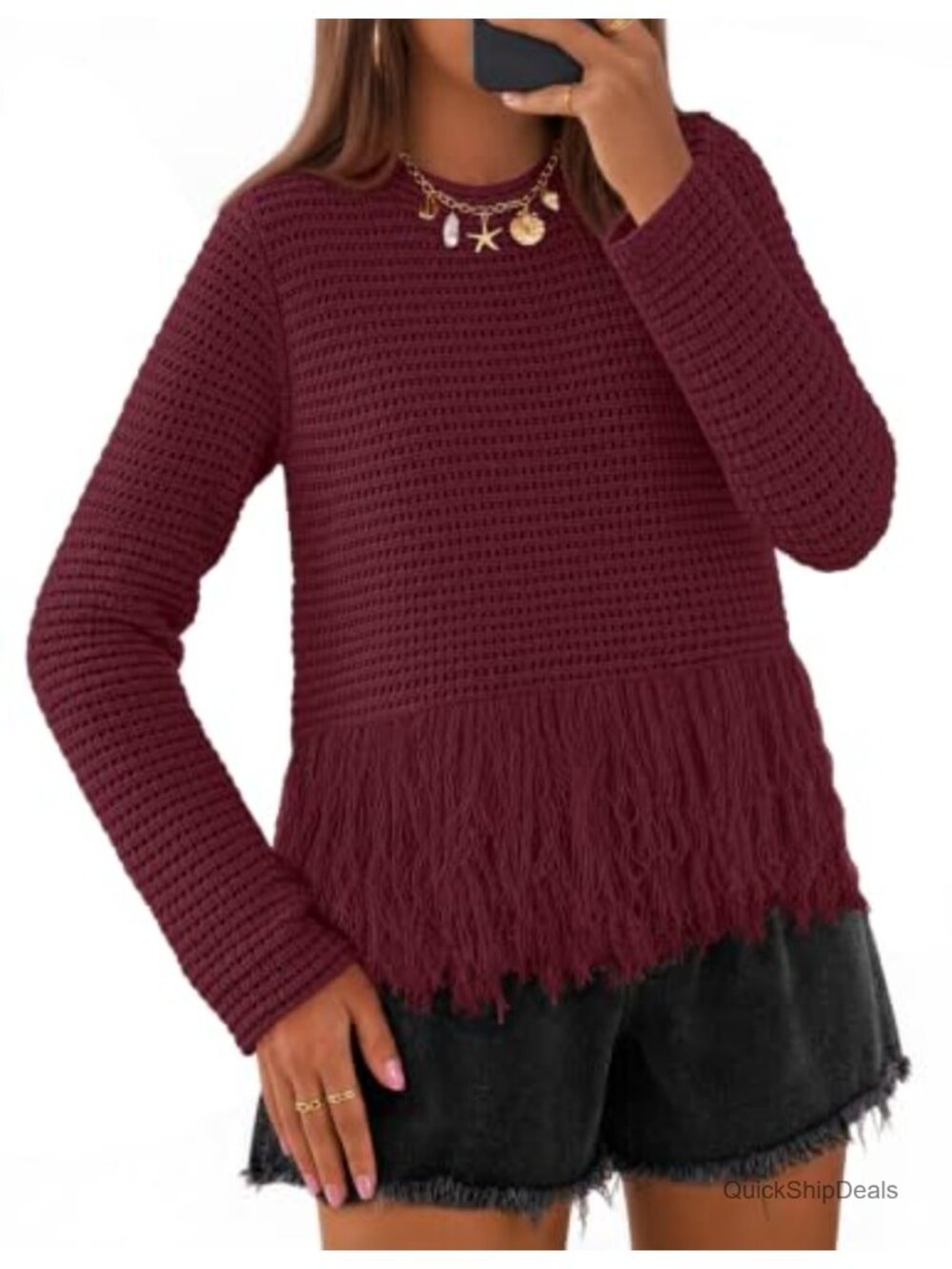 Women's Crochet Fringe Sweater Long Sleeve Crew Neck Boho Pullover